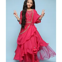 BIBA Three Fourth Sleeves Embroidered Lehenga Set - Dark Pink-picture-20