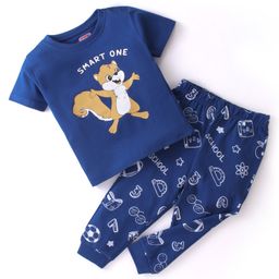 Babyhug Cotton Knit Half Sleeves Night Suit Squirrel Print - Navy Blue-picture-45
