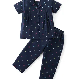 Babyhug Cotton Woven Half Sleeves Collar Neck Night Suit with Polka Dots Print - Navy Blue image 1
