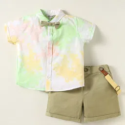 ToffyHouse Poplin Woven Half Sleeves Tie & Dye Shirt & Shorts Set with Bow & Suspender - White & Olive Green-image-48