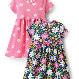 Babyhug Single Jersey Knit Half Sleeves Floral Printed Frocks with Bow Applique Pack of 2 - Navy Blue & Pink-picture-11
