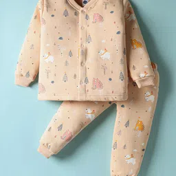 Teddy Fleece Knit Full Sleeves Co-ords Winter Night Suit with Bear Print - Orange-picture-13