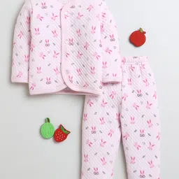 BUMZEE Knit Full Sleeves Winter Wear T-Shirt & Lounge Pant Set With Bunny Print - Pink-picture-30