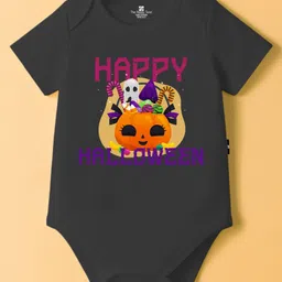 The Peppy Tend 100% Cotton Knit Halloween Theme Half Sleeves Happy Halloween Text Printed Onesie - Black-picture-14