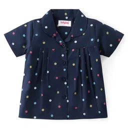 Babyhug Cotton Woven Half Sleeves Collar Neck Night Suit with Polka Dots Print - Navy Blue image 2