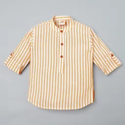 Rikidoos Cotton Woven Full Sleeves Striped Kurta Style Shirt - White & Beige image 2