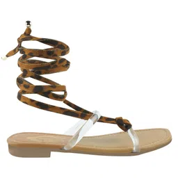 Shoetopia Leopard Designed Lace Up Flat Sandals - Tan image 4