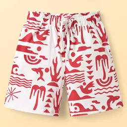 Pine Kids Single Jersey Knit Half Sleeves Co-Ord Shorts Night Suit With Beach Theme Print - Red & White image 4