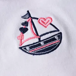 ToffyHouse Kinitted Half Puffed Sleeves Romper with Ship Print & Embroidery - Pink & White image 4