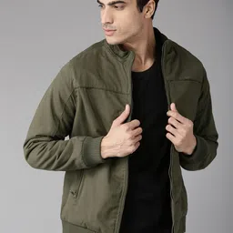 The Roadster Lifestyle Co Men Olive Green Solid Bomber Jacket-picture-24