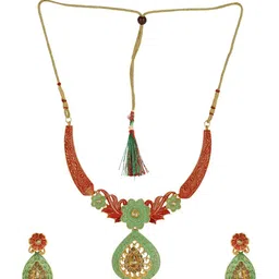ANIKAS CREATION Gold-Plated Lime Green & Red Stone-Studded Enamelled Traditional Jewellery Set image 3