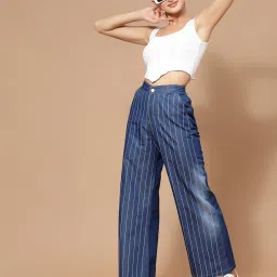 KASSUALLY Blue & White Cotton Striped High Rise Jeans image 4