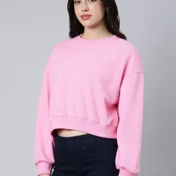 showoffff SHOWOFF Pink Self Design Crop Sweatshirt image 4