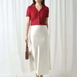 Globus Women Maroon Cuban Collar Short Sleeves Self Design Slim Fit Workwear Top image 5