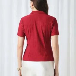 Globus Women Maroon Cuban Collar Short Sleeves Self Design Slim Fit Workwear Top image 2