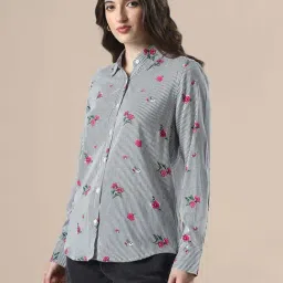 Globus Women Blue Striped Floral Print Spread Collar Cuffed Sleeves Relaxed Fit Workwear Shirt-image-19
