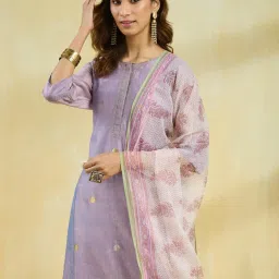 Fabindia White & Purple Cotton Silk Dupatta image 4