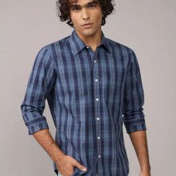 American Eagle Blue Cotton Slim Fit Checks Shirt-picture-24