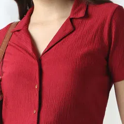 Globus Women Maroon Cuban Collar Short Sleeves Self Design Slim Fit Workwear Top image 4