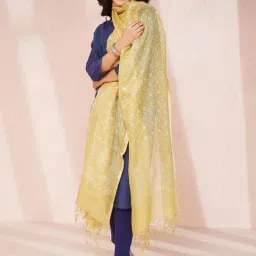 Fabindia Green Cotton Silk Blend Printed Dupatta-image-5