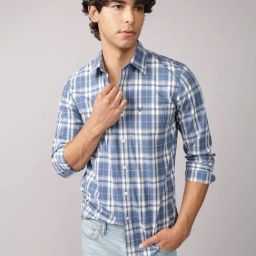 American Eagle Blue Cotton Regular Fit Checks Shirt-picture-19