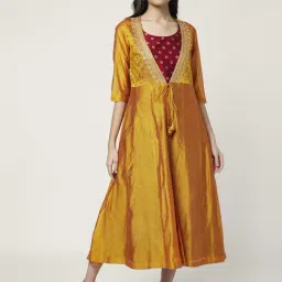 Rangmanch by Pantaloons Mustard & Maroon Embroidered A-Line Double Layred Dress-picture-18