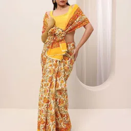 Libas Yellow Floral Print Saree with Unstitched Blouse image 4
