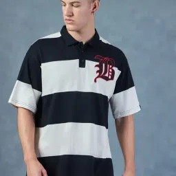 Bewakoof White & Black Cotton Loose Fit Striped Polo T-Shirt-image-88