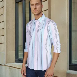 Lee Blue & Pink Cotton Slim Fit Striped Shirt image 4