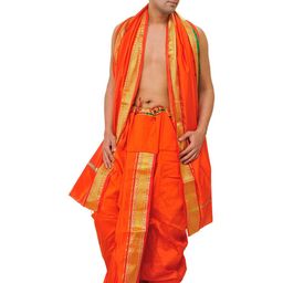 Exotic India Art Silk Ready to Wear Dhoti and Veshti Set with Woven Golden Border-picture-18