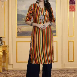 HERE&NOW Selection Of 3 Striped Round Neck Straight Kurta-picture-29