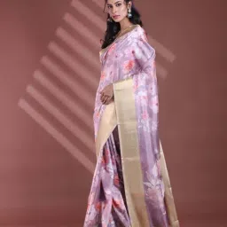 CHARUKRITI Purple Silk Floral Print Saree With Unstitched Blouse image 3