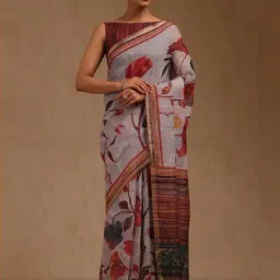 Soch Grey Linen Printed Saree With Unstitched Blouse-image-97