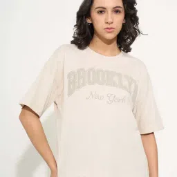Ajile By Pantaloons Beige Loose Fit Printed Sports T-Shirt-image-0