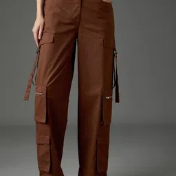 SASSAFRAS Women Solid Straight Fit High-Rise Cotton Coated Cargos Trousers-picture-21