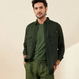 Andamen Olive 100% Linen Regular Fit Solid Shirt-image-13