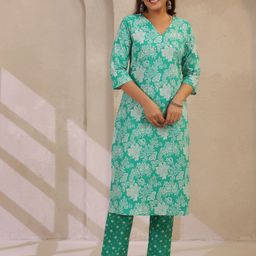 Anouk Rustic Floral Printed V-Neck Pure Cotton Straight Kurta With Trousers & Dupatta-picture-21