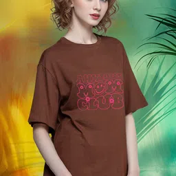 slenor Women Typography Round Neck Pure Cotton Brown T-Shirt-picture-18