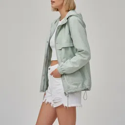 HERE&NOW Women Green Solid Long Sleeves Hooded Jacket-picture-26