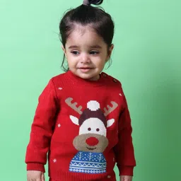 kids of greendeer Greendeer 100% Cotton Jacquard Full Sleeves Reindeer Printed Sweater - Cherry Red-picture-25