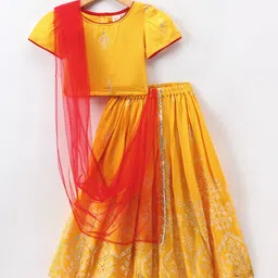 Saka Designs Cotton Rayon Woven Half Sleeves Embroidered Choli Lehenga Set with Dupatta -  Yellow & Red-picture-11