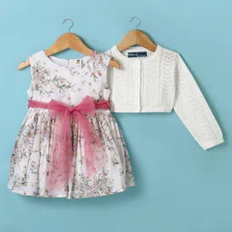 ToffyHouse Cotton Woven Full Sleeves Shrug & Floral Printed Frock - White-image-3