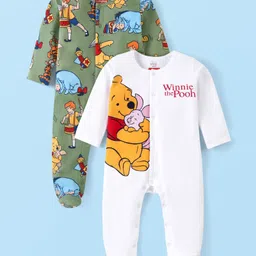 Babyhug Disney Cotton Knit Full Sleeves Sleep Suits With Winnie The Pooh Graphics Pack Of 2 - Green & White-picture-12