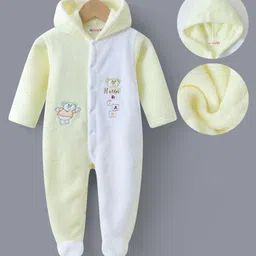 Kookie Kids Full Sleeves Front Open Hooded Footed Romper with Bear Embroidery - Yellow-picture-20