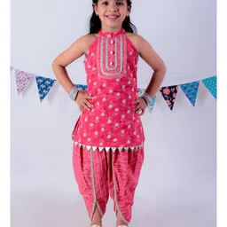 lil' drama Lil Drama Cotton Sleeveless Floral Printed & Lace Embellished Kurta With Dhoti Set - Red-picture-15