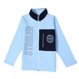 Earth Conscious Fleece Full Sleeves Colour Blocked & Striker Text Printed Zipper Jacket - Sky Blue-image-24