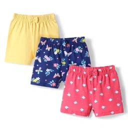 Babyhug Cotton Knit Mid Thigh Length Shorts with Floral Print & Bow Applique Pack of 3 - Red Yellow & Navy Blue-picture-24