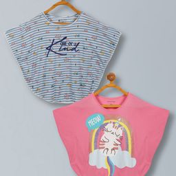Plum Tree Viscose Pack Of 2 Half Batwing Sleeves One Of A Kind Text & Cat Printed Poncho Tops - White Blue & Pink-picture-38