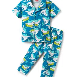 Babyhug Cotton Knit Half Sleeves Co-ords Night Suit With Shark Print - Teal Blue-picture-18