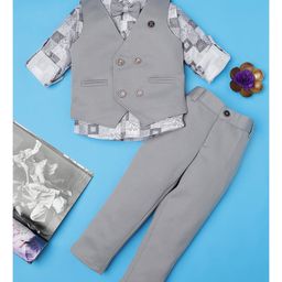 Rikidoos Full Sleeves Checked & Abstract Printed 3 Piece Party Suit Set With Bow - Grey-picture-40